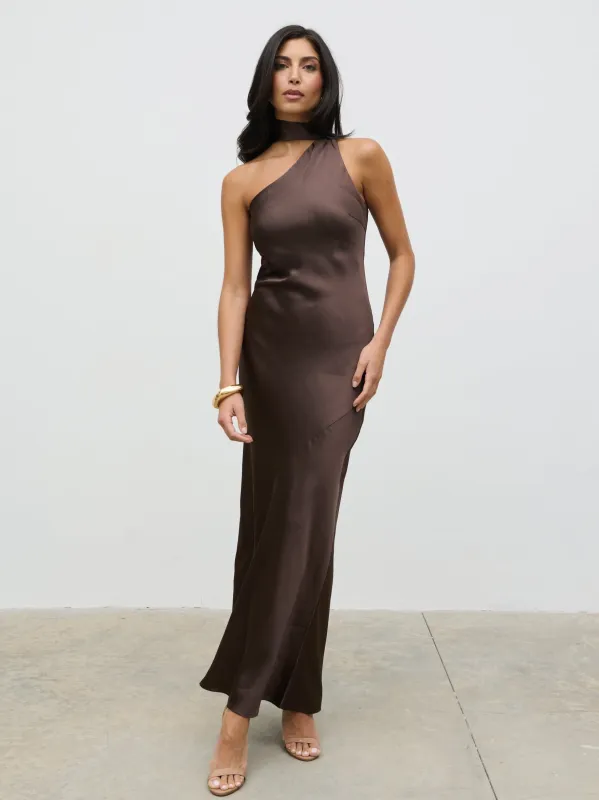 Sheree One Shoulder Sash Maxi Dress - Chocolate Brown sold by Pretty Lavish