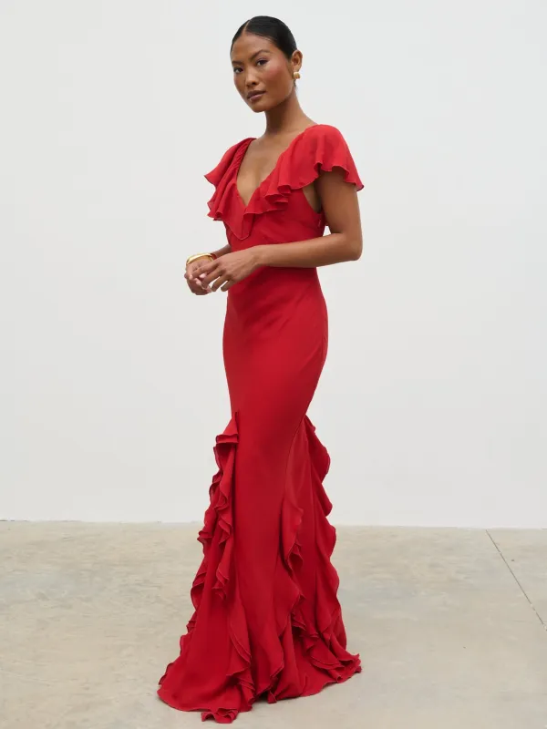 Uma Cap Sleeve Ruffle Maxi Dress - Red sold by Pretty Lavish