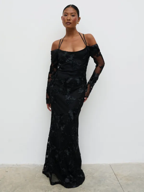 Jamila Cold Shoulder Maxi Dress - Black Jacquard Floral sold by Pretty Lavish