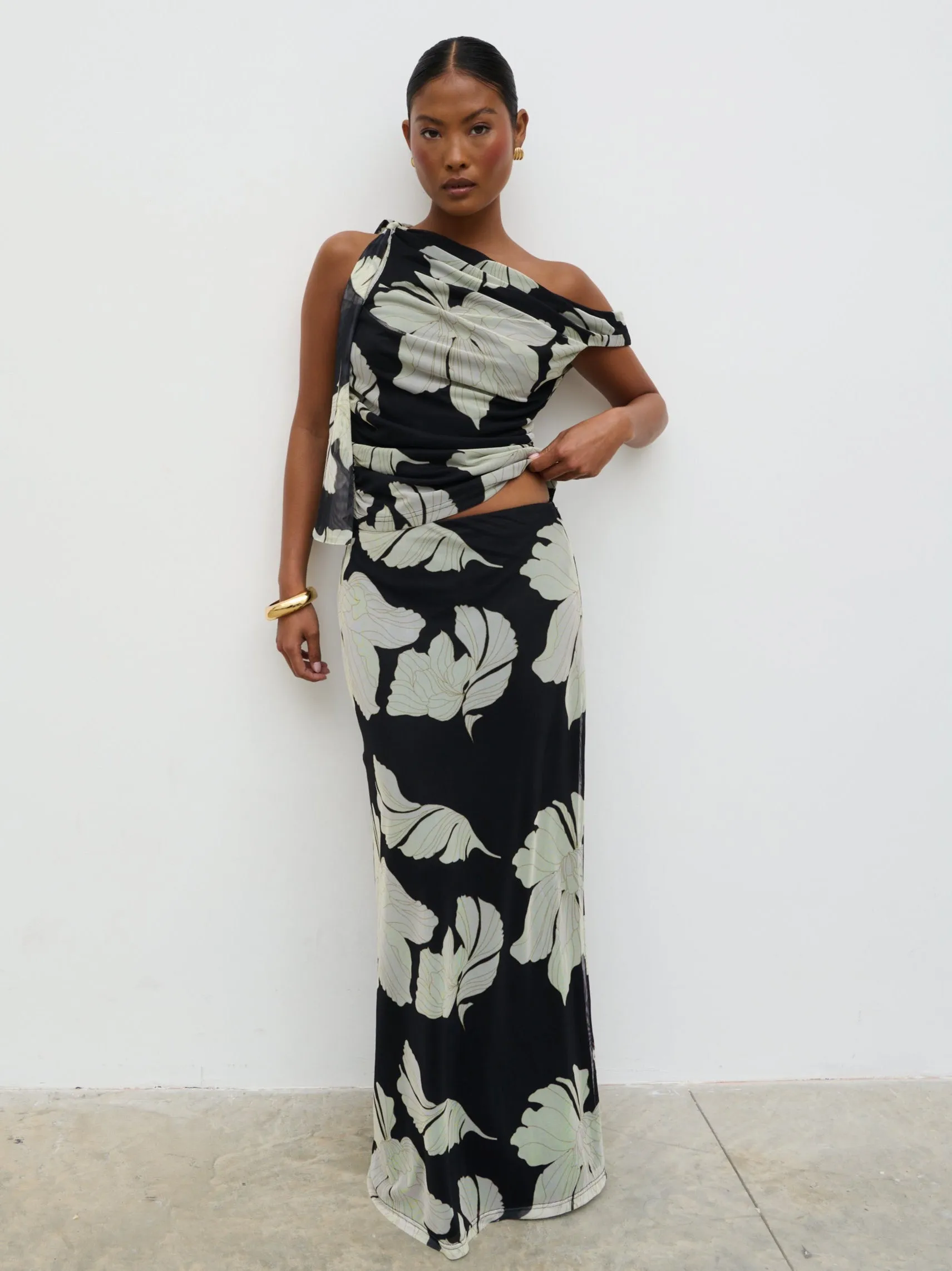 Shea Jersey Maxi Skirt - Monochrome Floral sold by Pretty Lavish