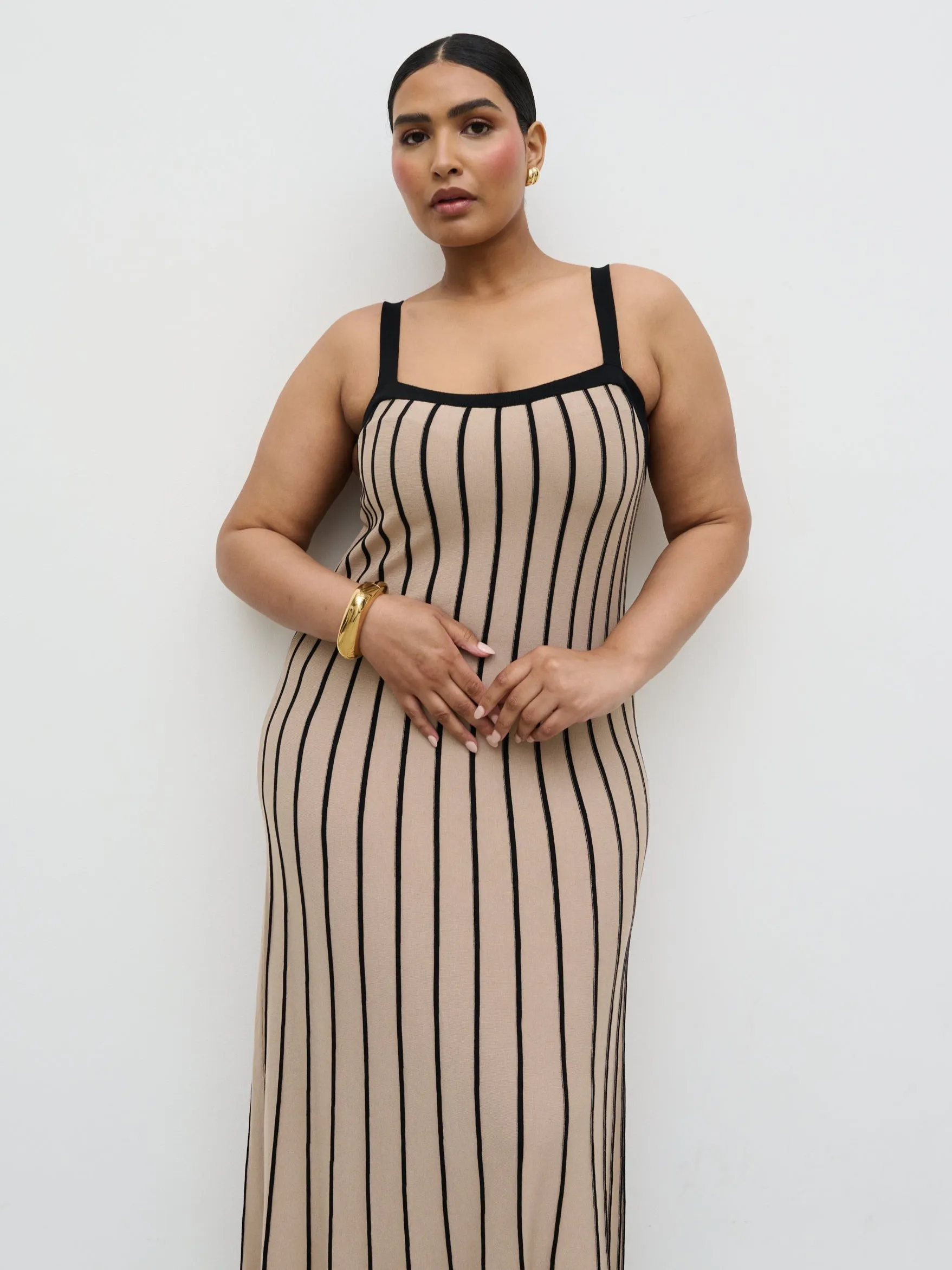 Alyssia Stripe Long Midaxi Knit Dress Curve - Dark Beige and Black sold by Pretty Lavish product image thumbnail 2