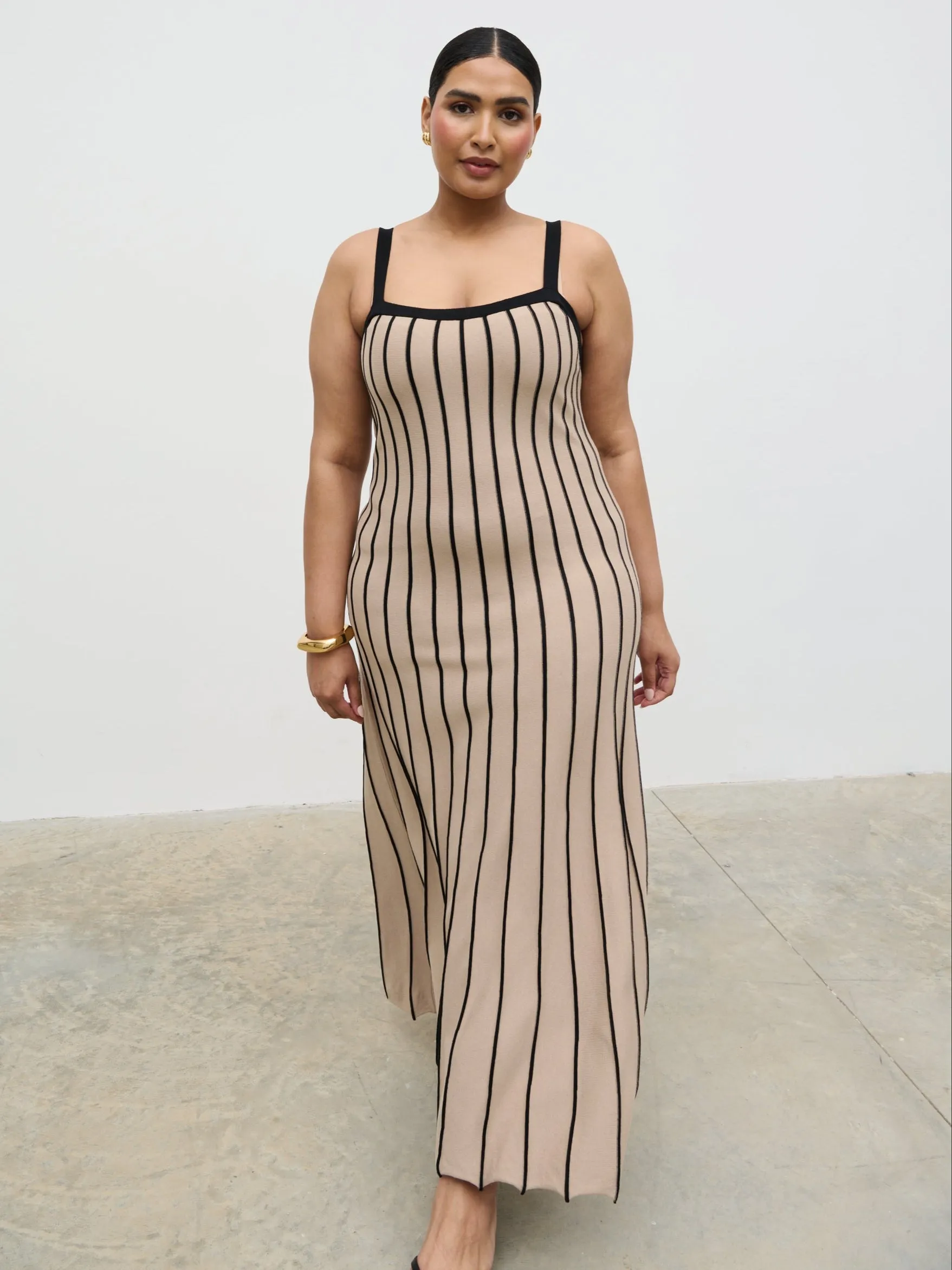 Alyssia Stripe Long Midaxi Knit Dress Curve - Dark Beige and Black sold by Pretty Lavish product image thumbnail 5