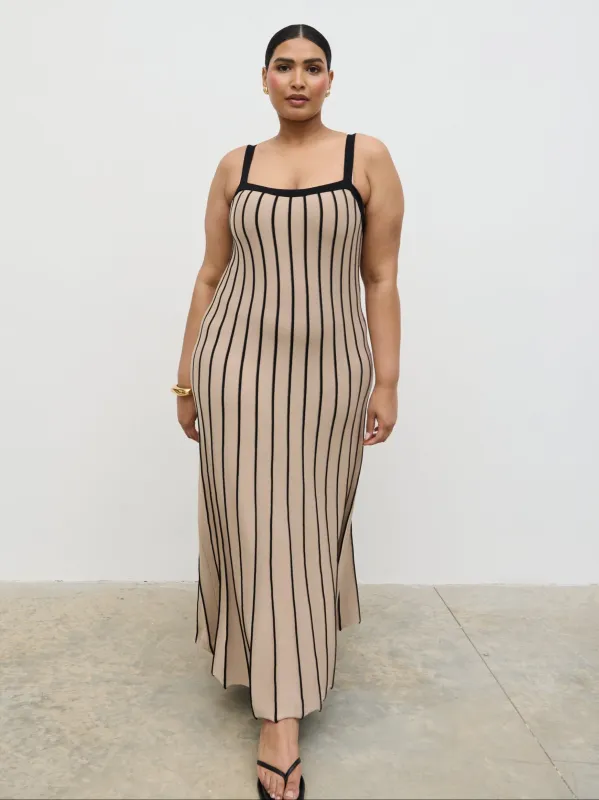Alyssia Stripe Long Midaxi Knit Dress Curve - Dark Beige and Black sold by Pretty Lavish