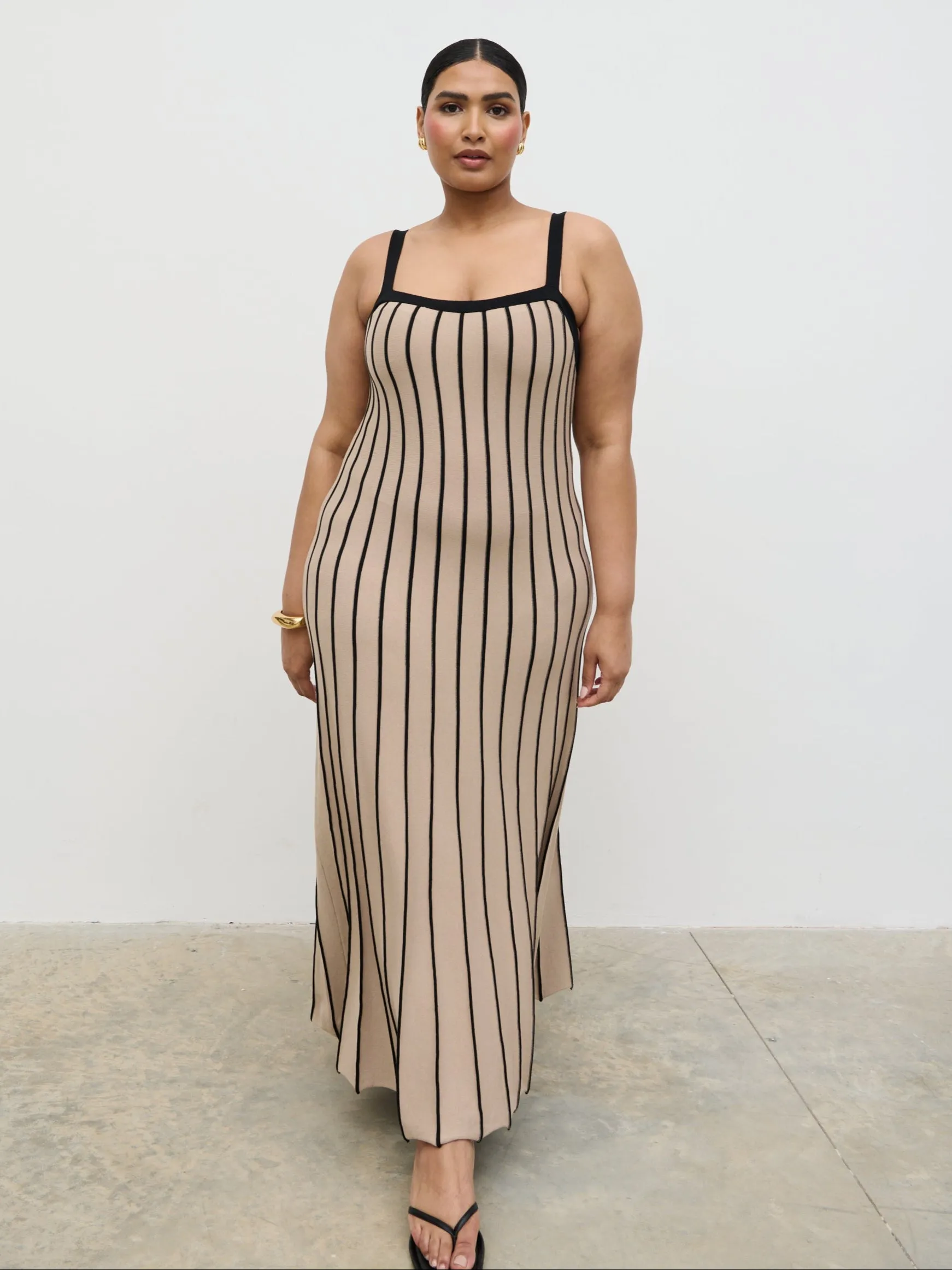 Alyssia Stripe Long Midaxi Knit Dress Curve - Dark Beige and Black sold by Pretty Lavish