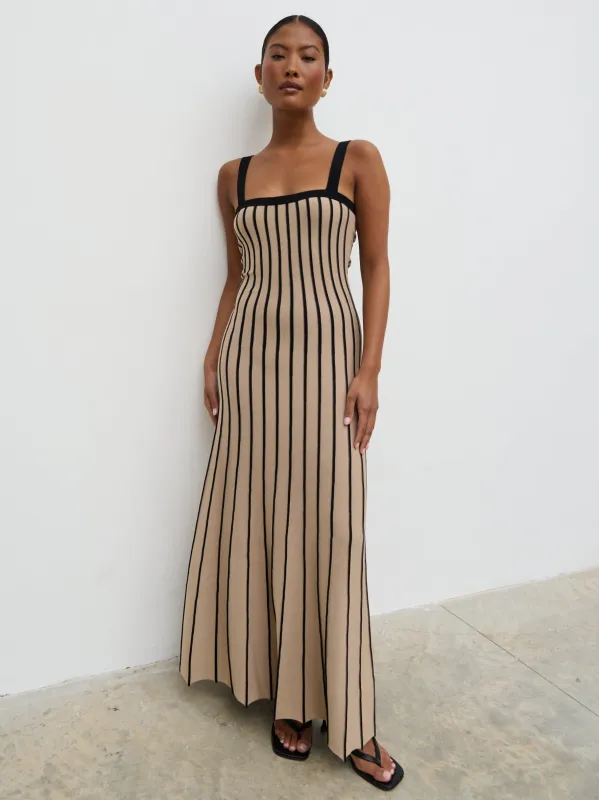 Alyssia Stripe Long Midaxi Knit Dress - Dark Beige and Black sold by Pretty Lavish