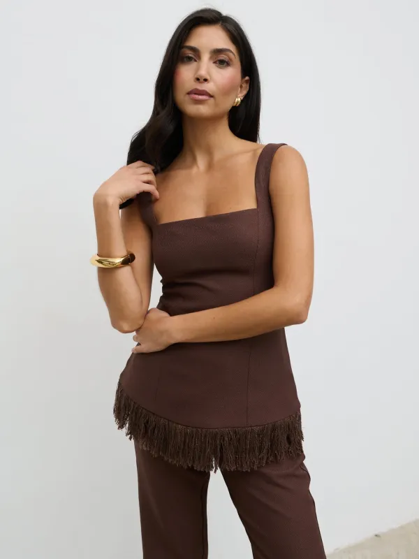 Verona Fringed Tweed Top - Brown sold by Pretty Lavish