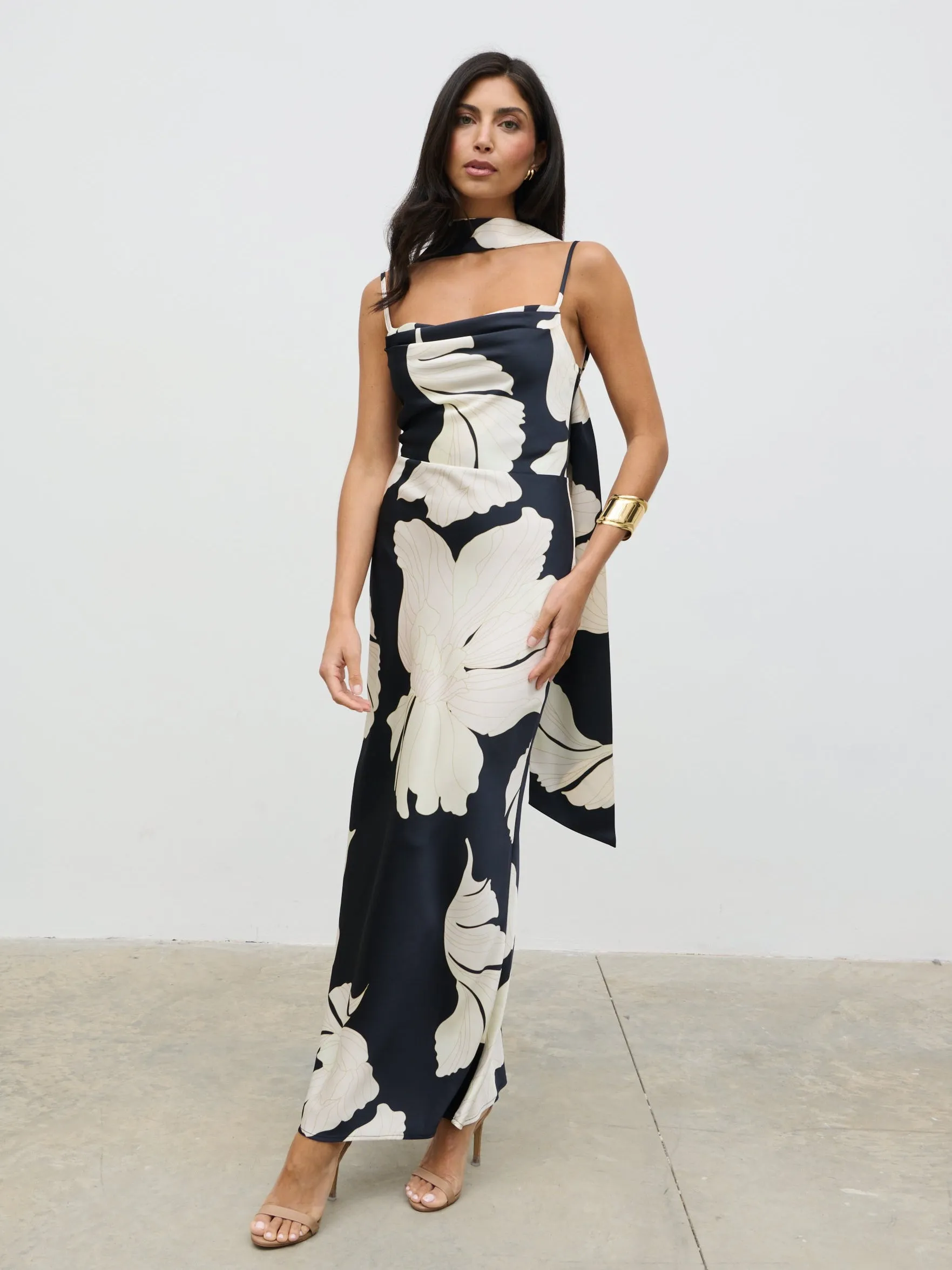 Keisha Scarf Maxi Dress - Large Scale Monochrome Floral sold by Pretty Lavish