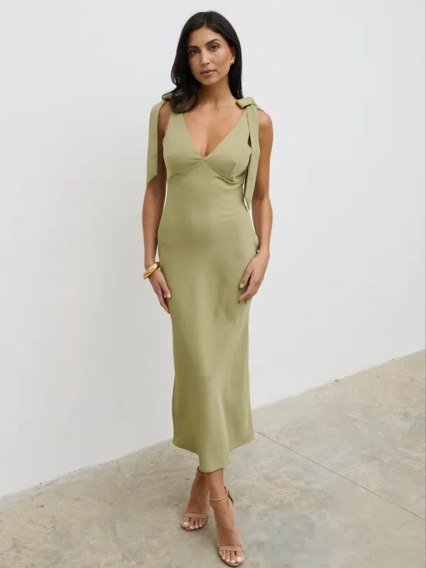 Piper Tie Midaxi Dress - Olive sold by Pretty Lavish