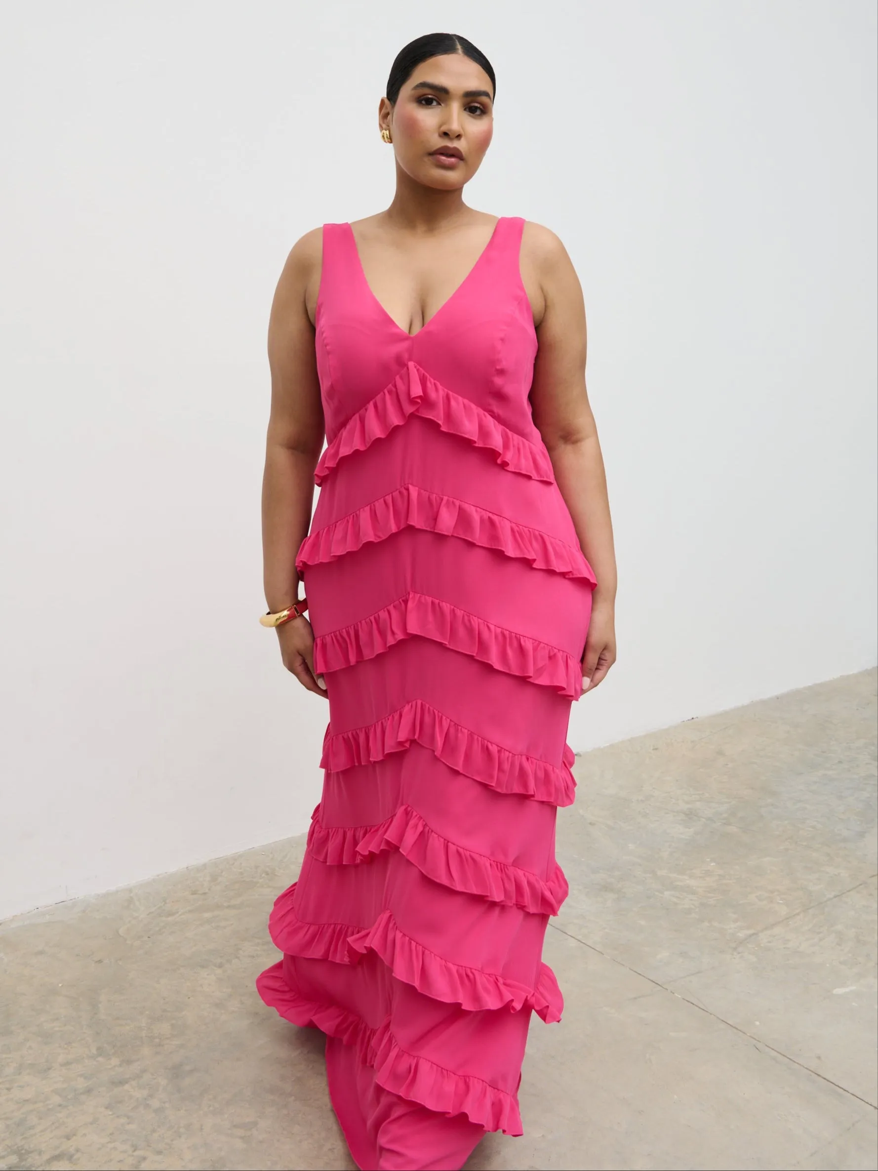 Piper Ruffle Maxi Dress Curve - Fuchsia sold by Pretty Lavish product image thumbnail 4