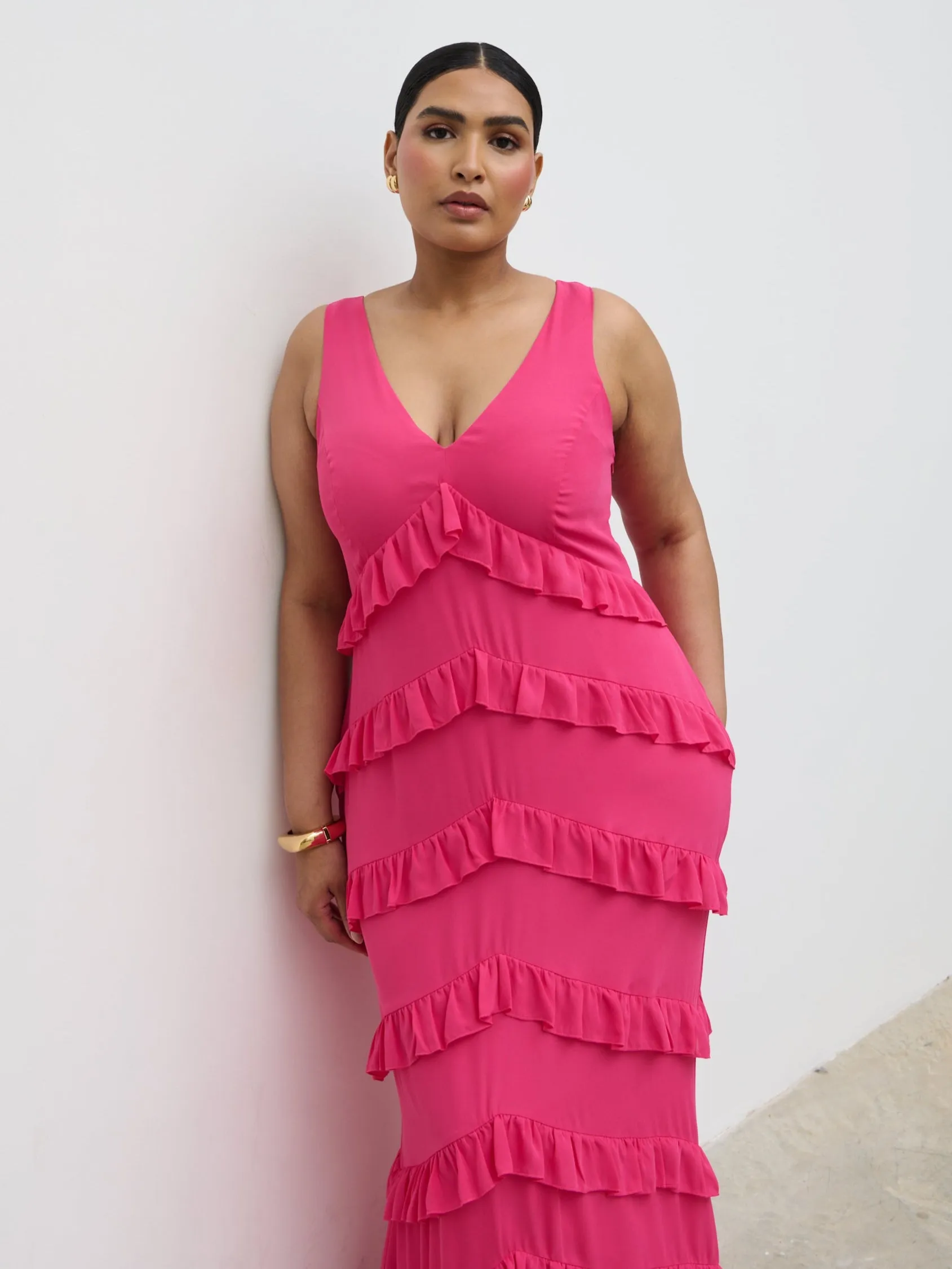 Piper Ruffle Maxi Dress Curve - Fuchsia sold by Pretty Lavish product image thumbnail 2