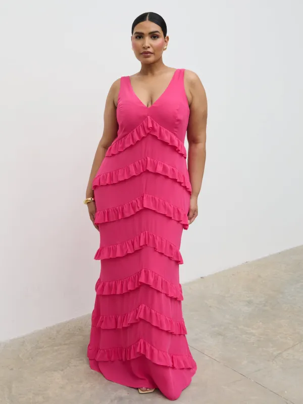 Piper Ruffle Maxi Dress Curve - Fuchsia sold by Pretty Lavish