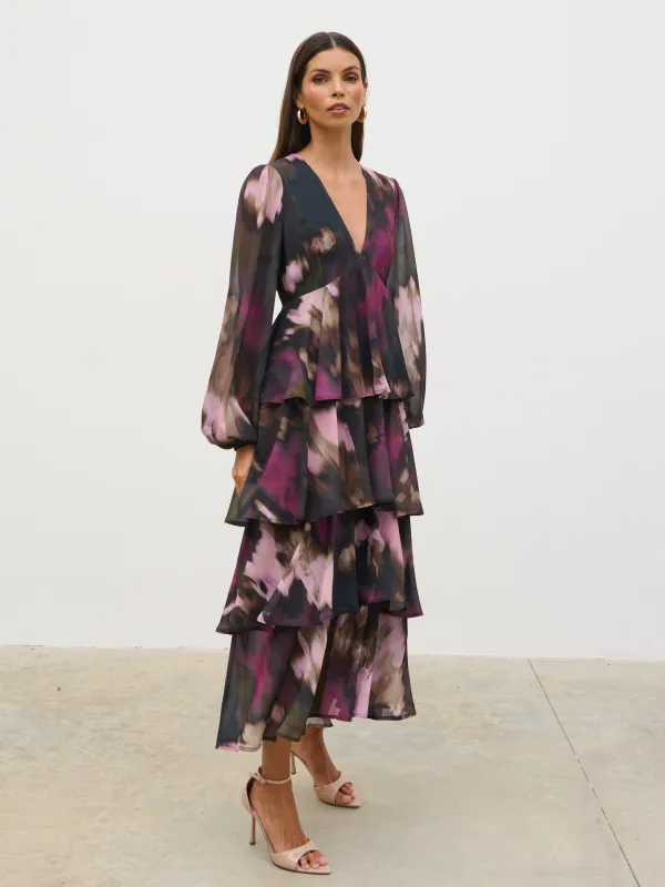 Ashton Ruffle Midi Dress - Purple and Khaki Ombre sold by Pretty Lavish