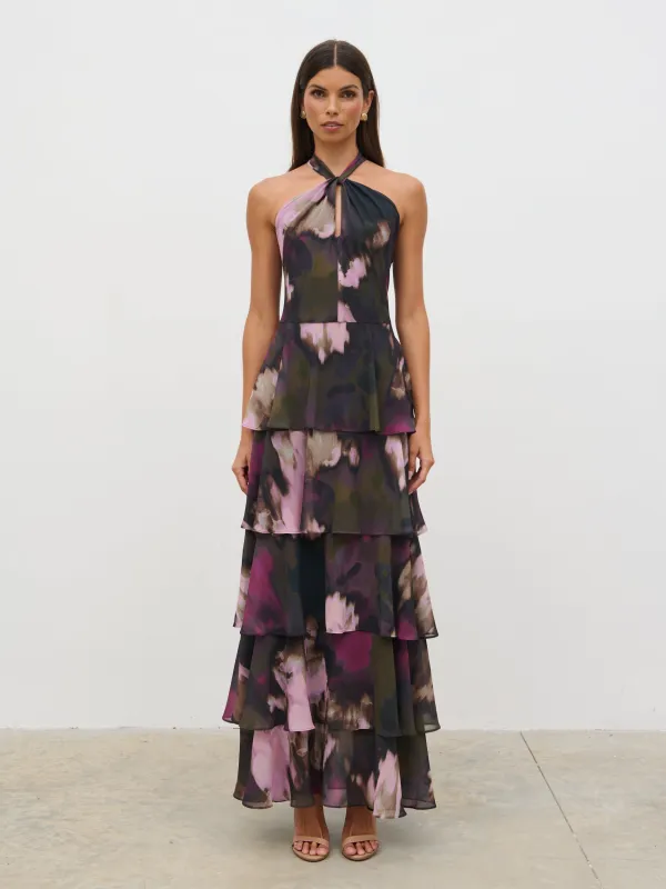 Hester Halter Neck Ruffle Maxi Dress - Purple and Khaki Ombre sold by Pretty Lavish