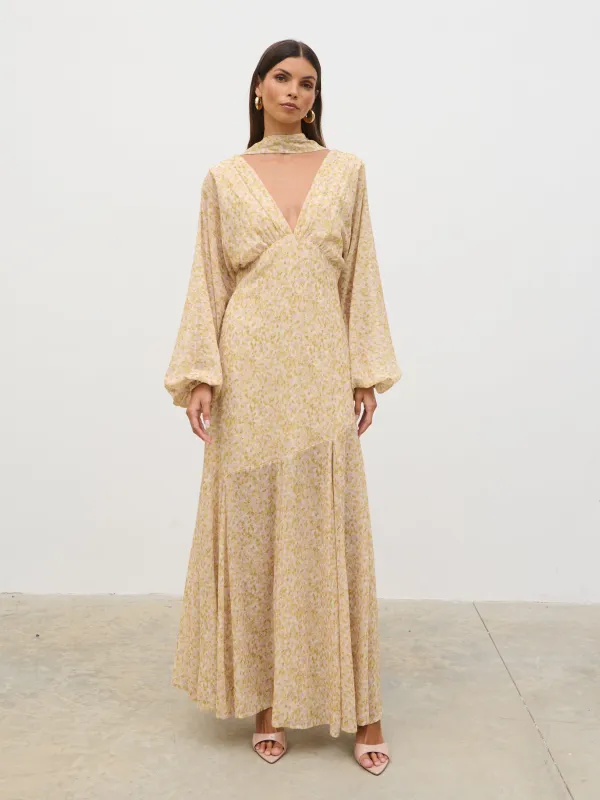Petula Batwing Scarf Maxi Dress - Chartreuse and Lilac Abstract sold by Pretty Lavish