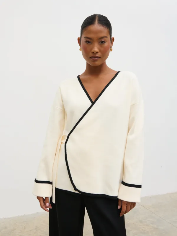 Devon Contrast Tipping Knit Cardigan - Cream and Black sold by Pretty Lavish