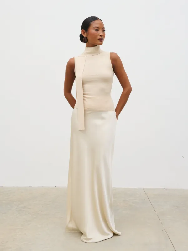 Melanie High Neck Knit Top with Neck Tie - Cream sold by Pretty Lavish