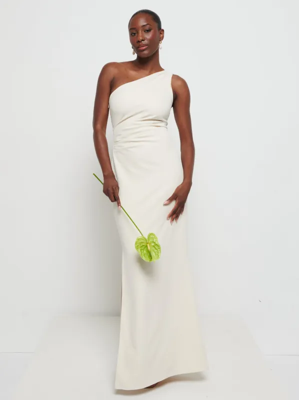 Amelia Crepe Ruched Maxi Bridesmaid Dress - Champagne sold by Pretty Lavish