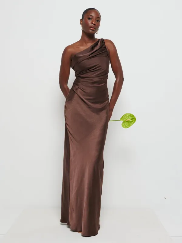Juliet Ruched Maxi Bridesmaid Dress - Chocolate sold by Pretty Lavish