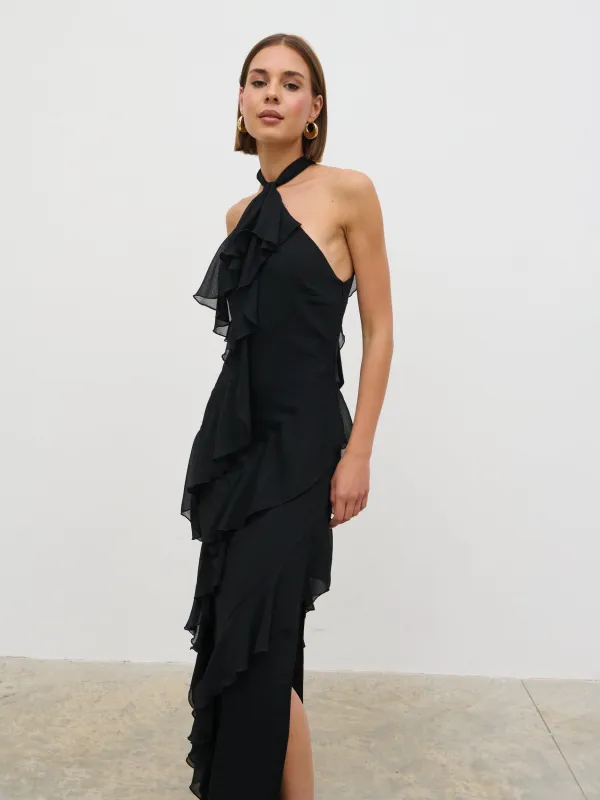 Aria Halter Neck Ruffle Maxi Dress - Black sold by Pretty Lavish