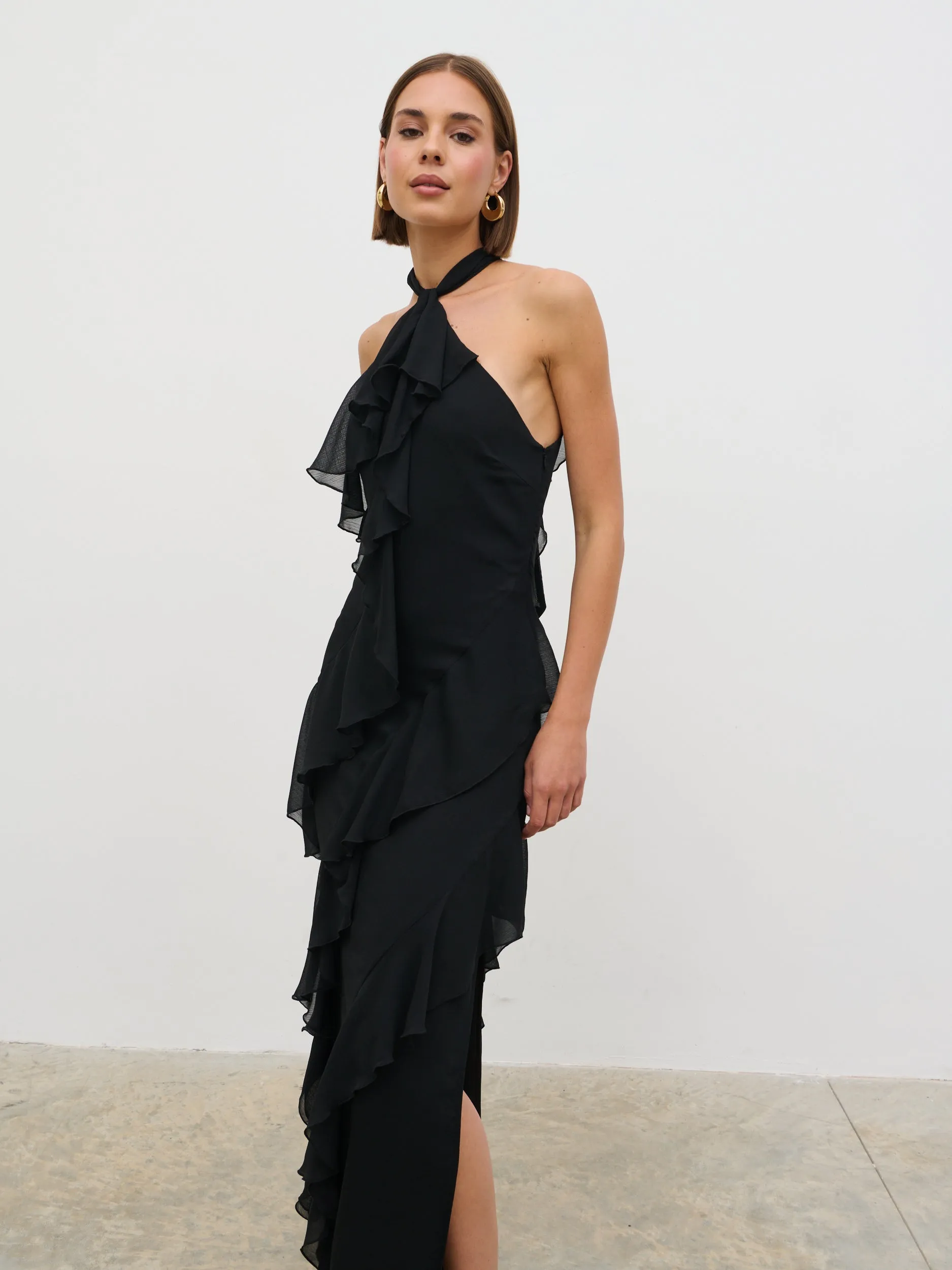 Aria Halter Neck Ruffle Maxi Dress - Black sold by Pretty Lavish