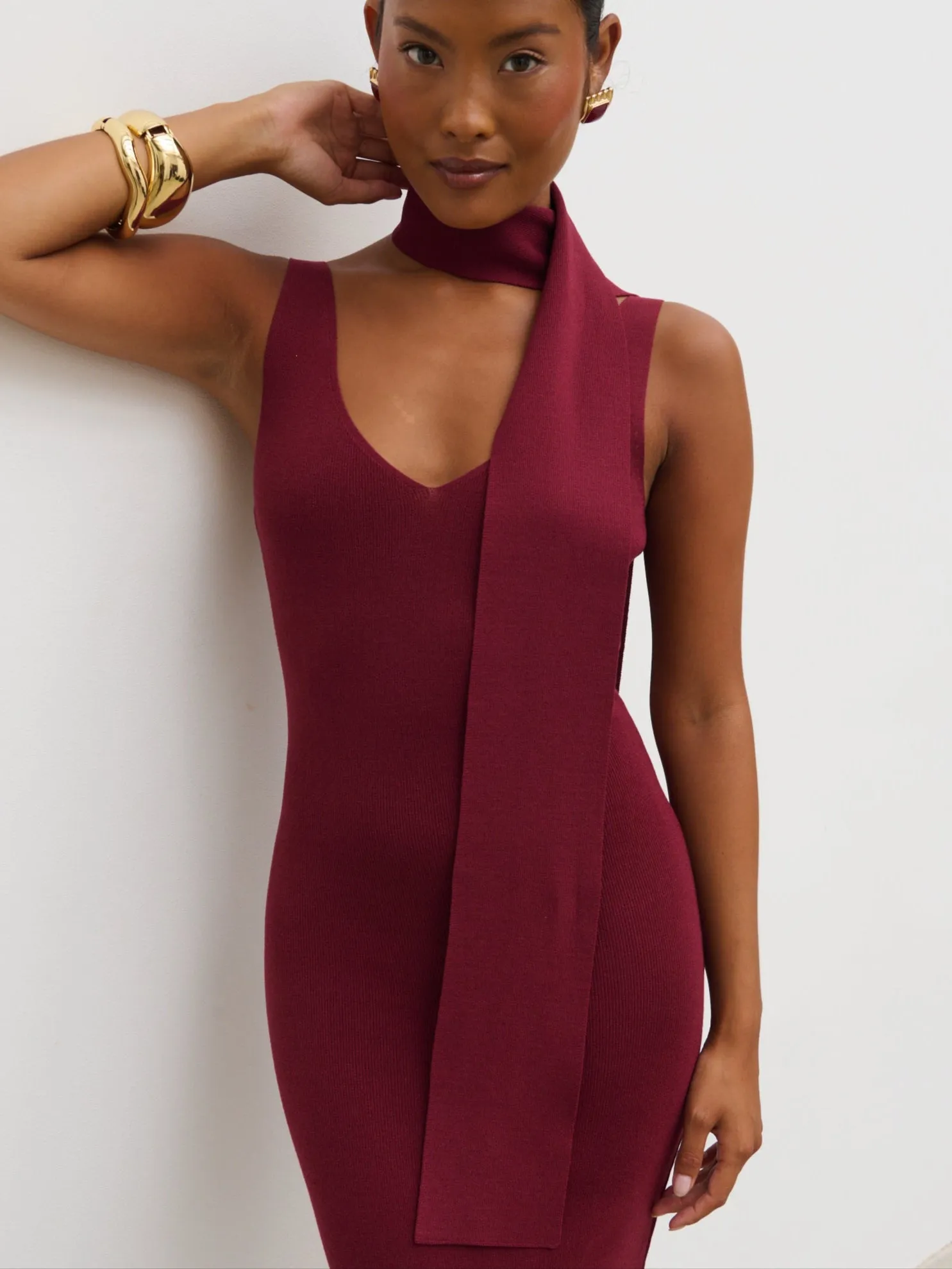Arabella Knit Maxi Dress with Neck Tie - Wine sold by Pretty Lavish product image thumbnail 4