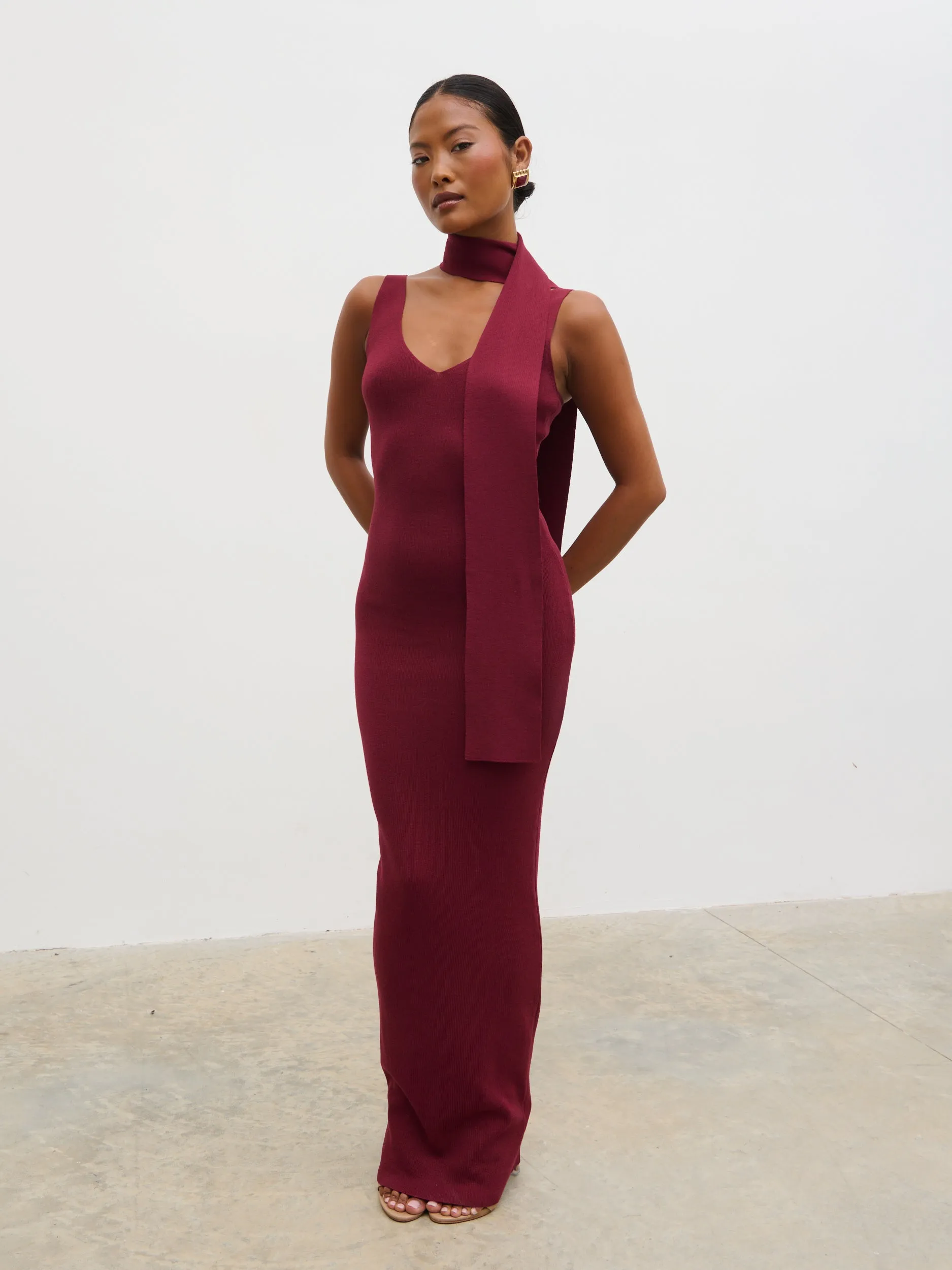 Arabella Knit Maxi Dress with Neck Tie - Wine sold by Pretty Lavish product image thumbnail 3