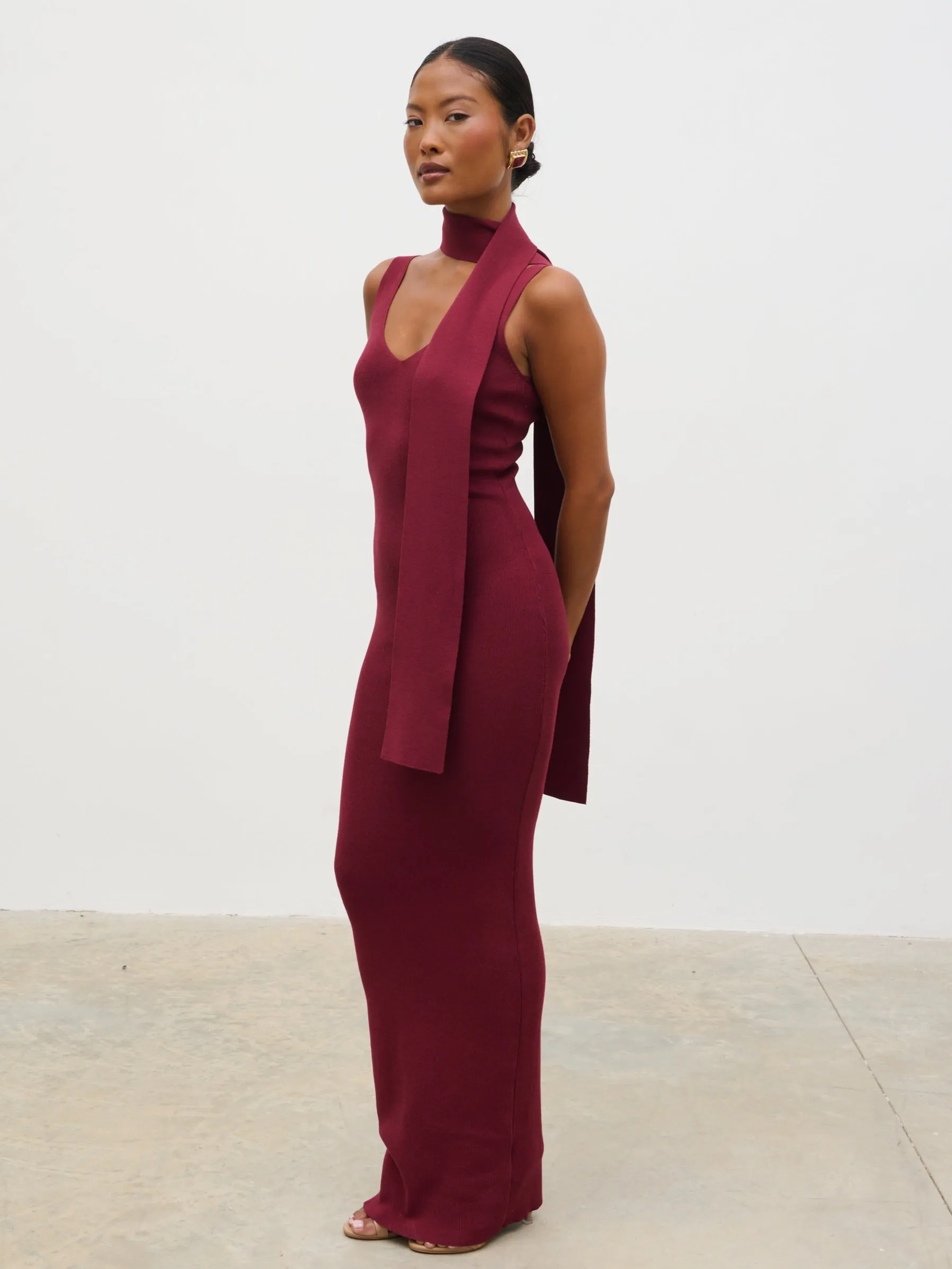 Arabella Knit Maxi Dress with Neck Tie - Wine sold by Pretty Lavish
