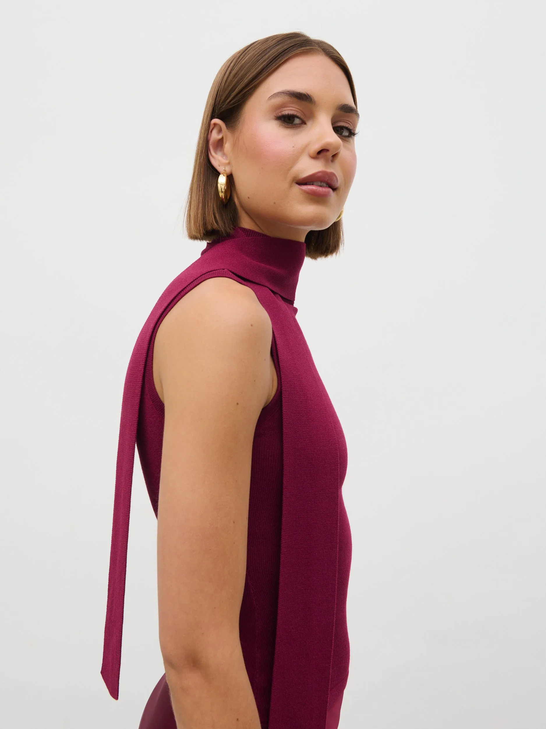 Melanie High Neck Knit Top with Neck Tie - Wine sold by Pretty Lavish product image thumbnail 3