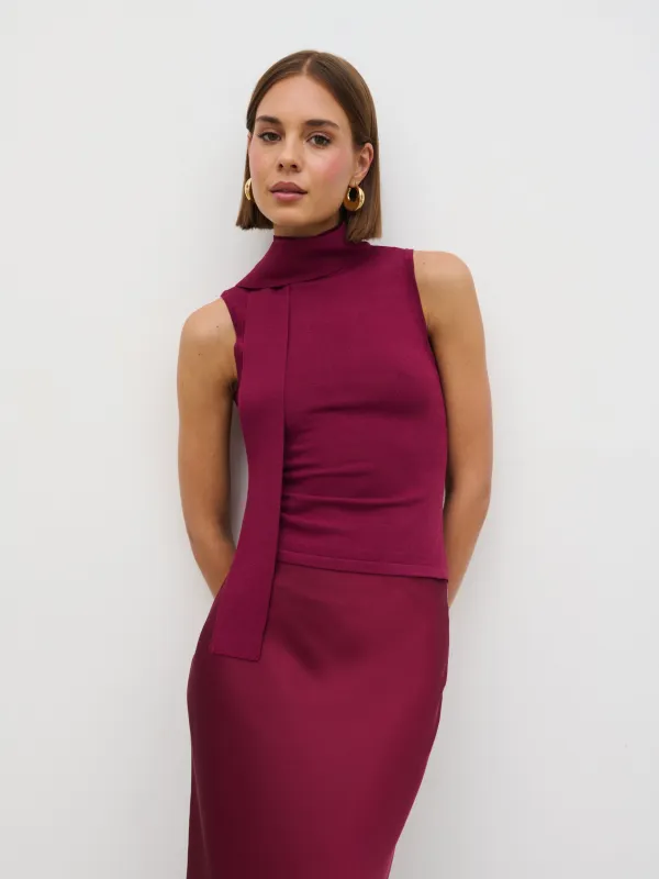 Melanie High Neck Knit Top with Neck Tie - Wine sold by Pretty Lavish