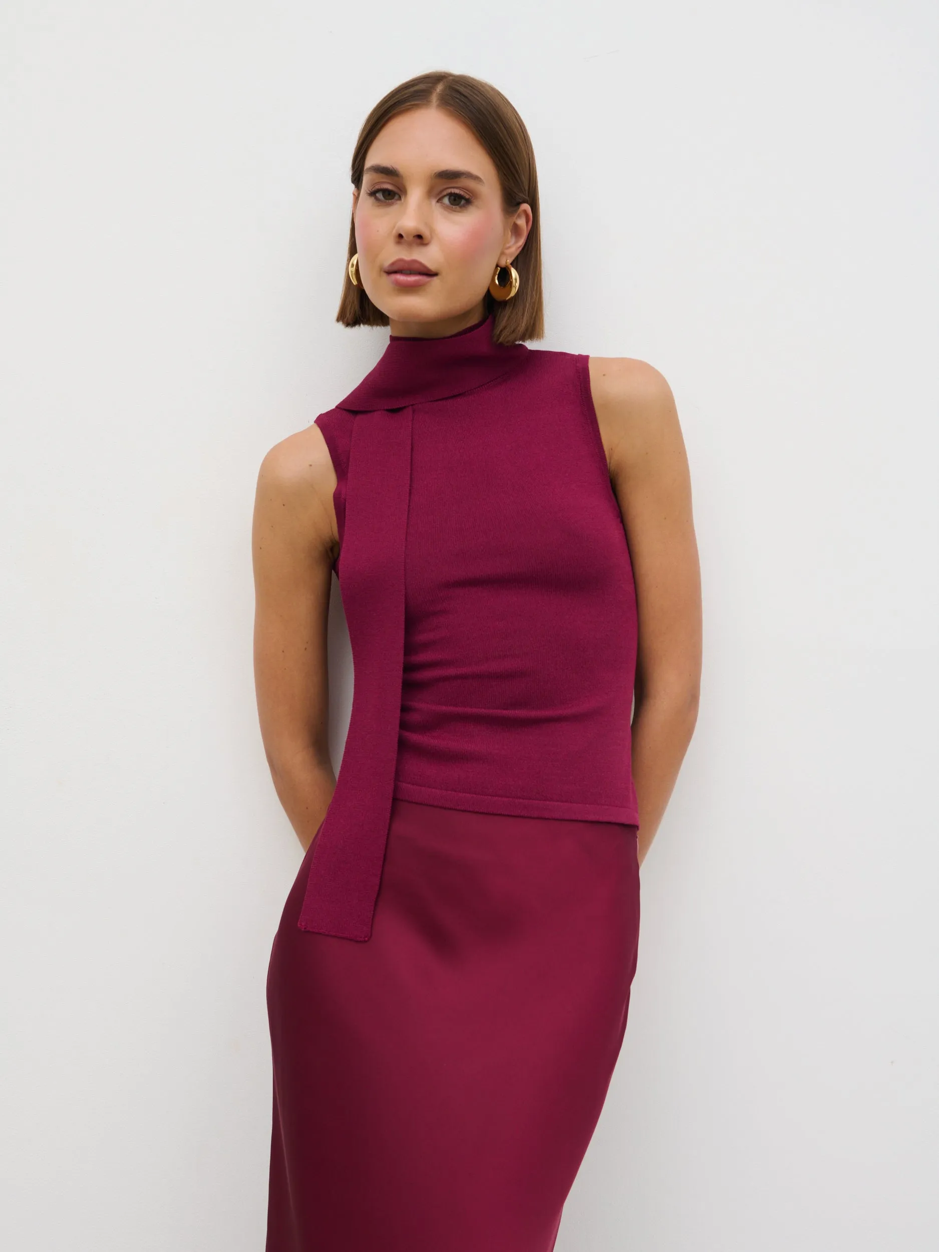 Melanie High Neck Knit Top with Neck Tie - Wine sold by Pretty Lavish