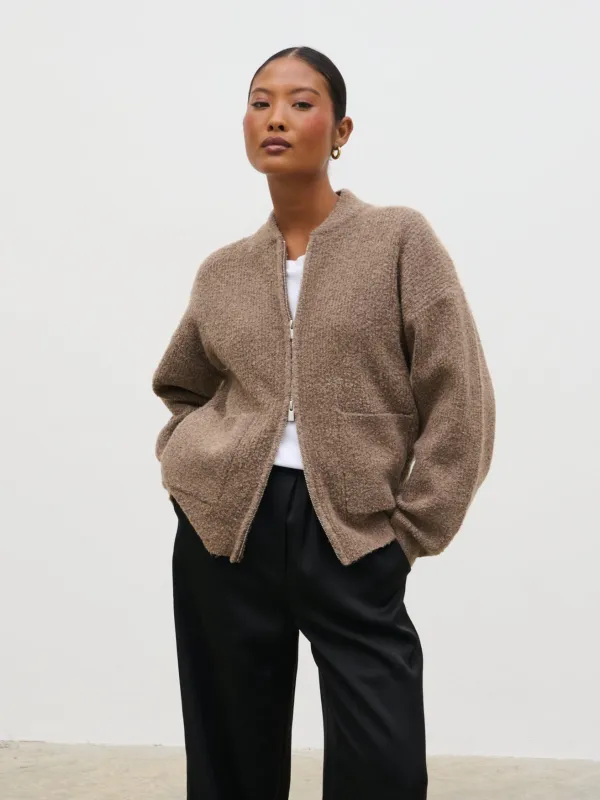Camille Boucle Knit Bomber - Mocha sold by Pretty Lavish