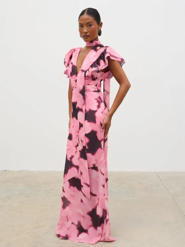 Andi V-Neck Frill Maxi Dress - Blush Watercolour Floral sold by Pretty Lavish