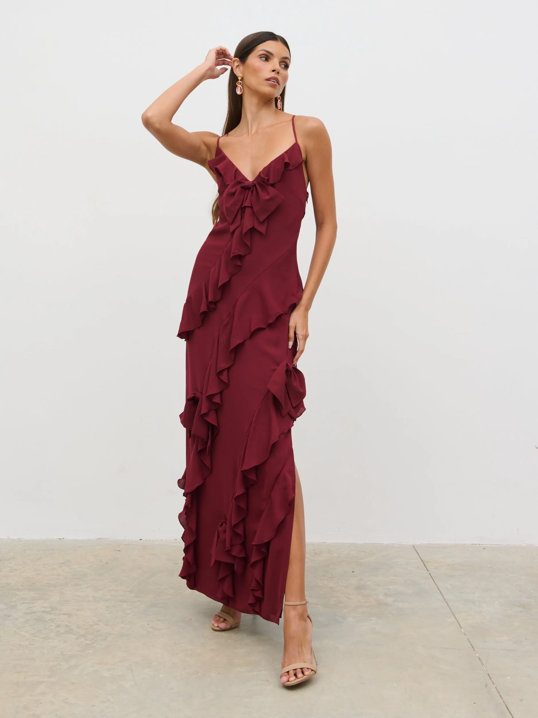 Elle Ruffle Bow Maxi Dress - Wine sold by Pretty Lavish product image thumbnail 4