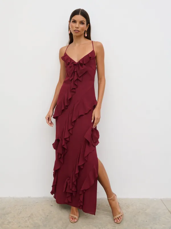 Elle Ruffle Bow Maxi Dress - Wine sold by Pretty Lavish