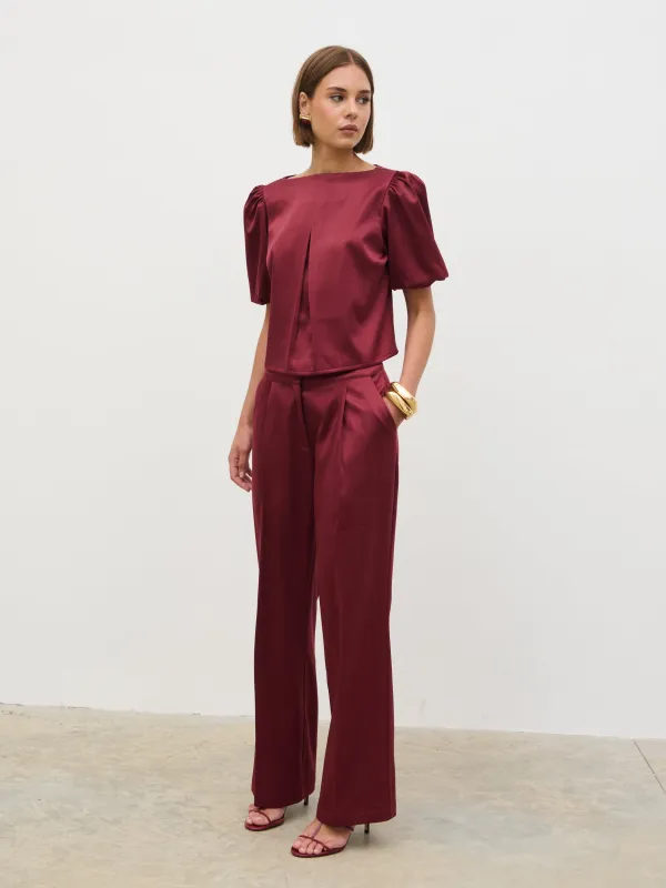 Lorah Wide Leg Bonded Satin Trousers - Wine sold by Pretty Lavish