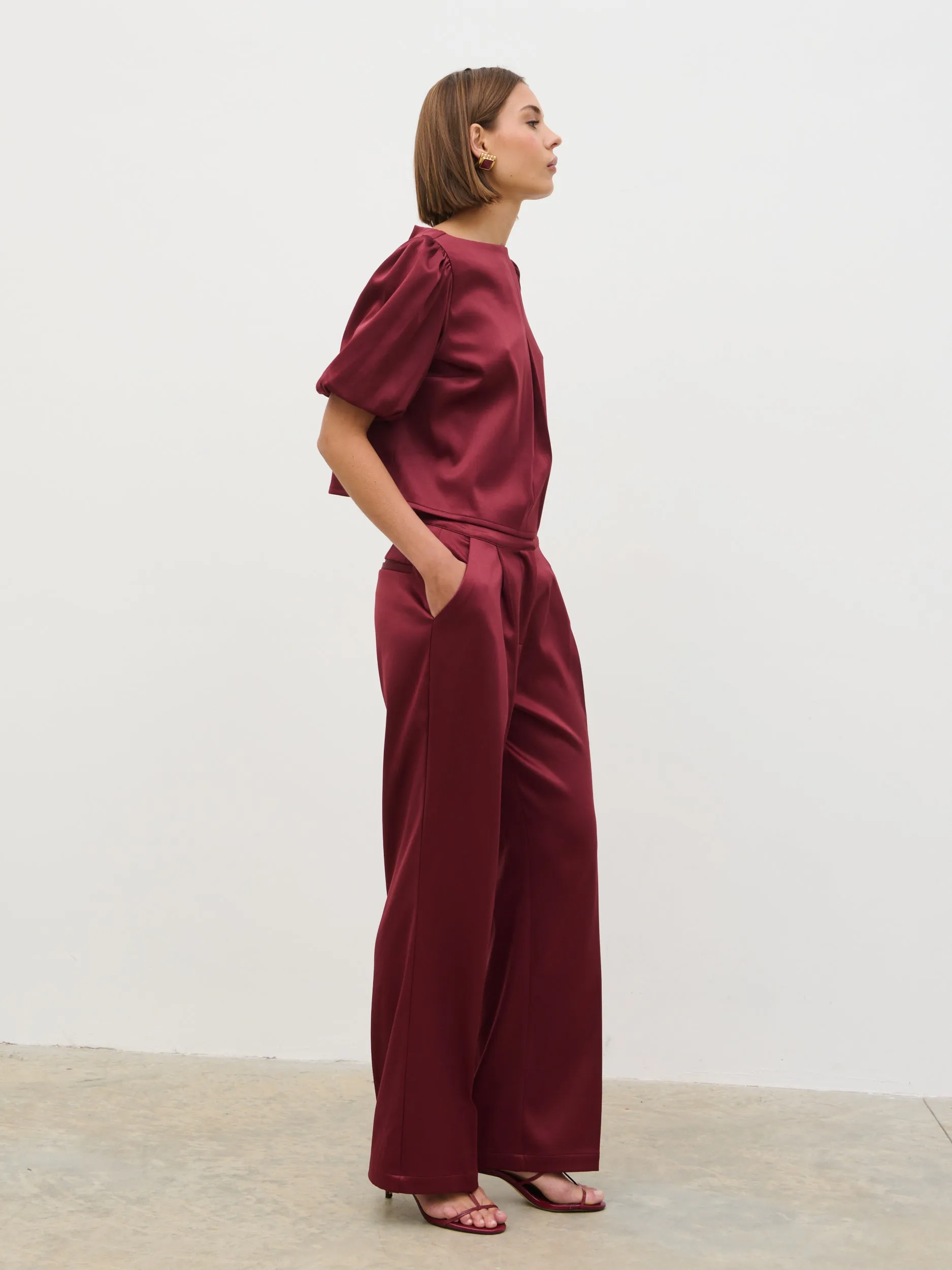 Lorah Puff Sleeve Bonded Satin Top - Wine sold by Pretty Lavish product image thumbnail 3