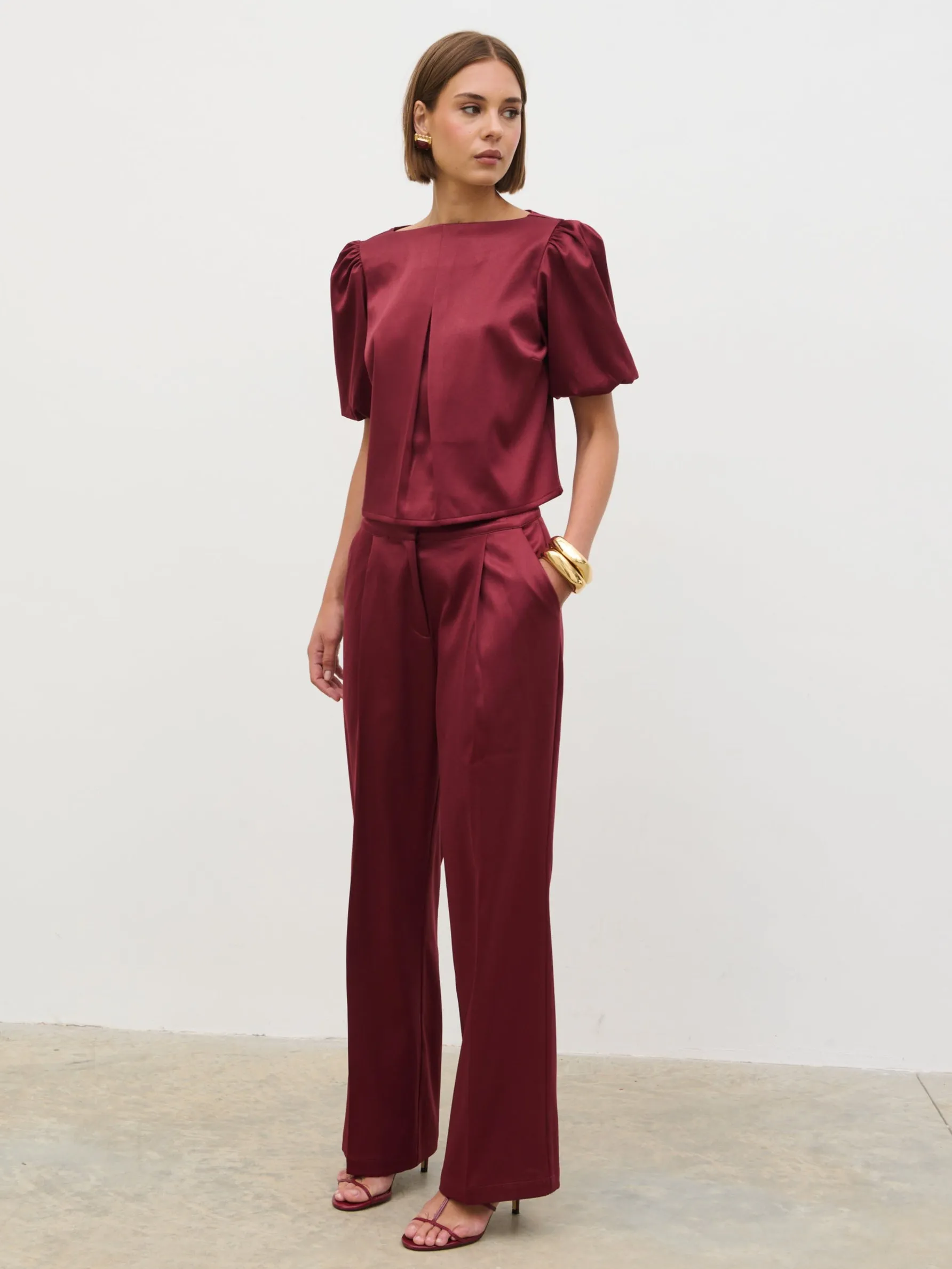 Lorah Puff Sleeve Bonded Satin Top - Wine sold by Pretty Lavish
