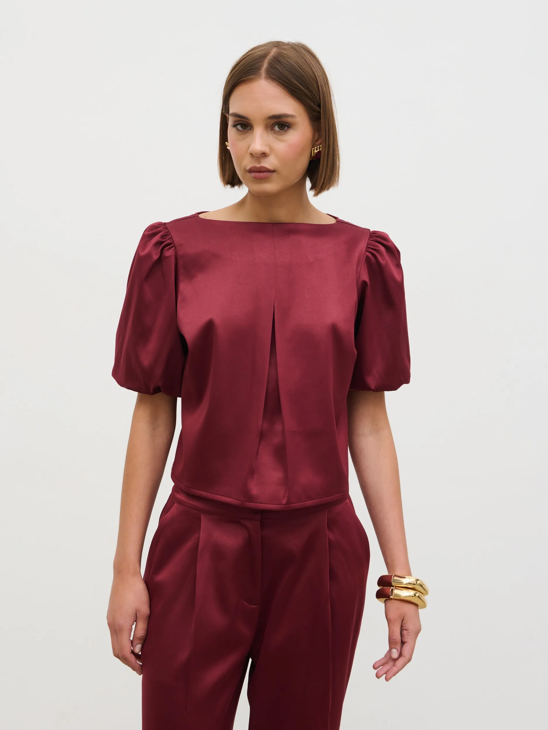 Lorah Puff Sleeve Bonded Satin Top - Wine sold by Pretty Lavish product image thumbnail 2