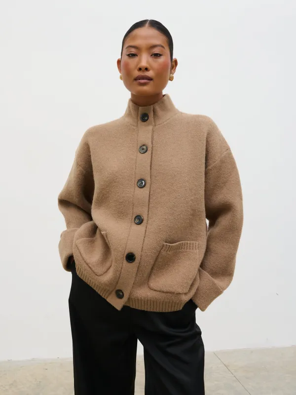 Leighton High Neck Knit Cardigan - Deep Beige Marl sold by Pretty Lavish