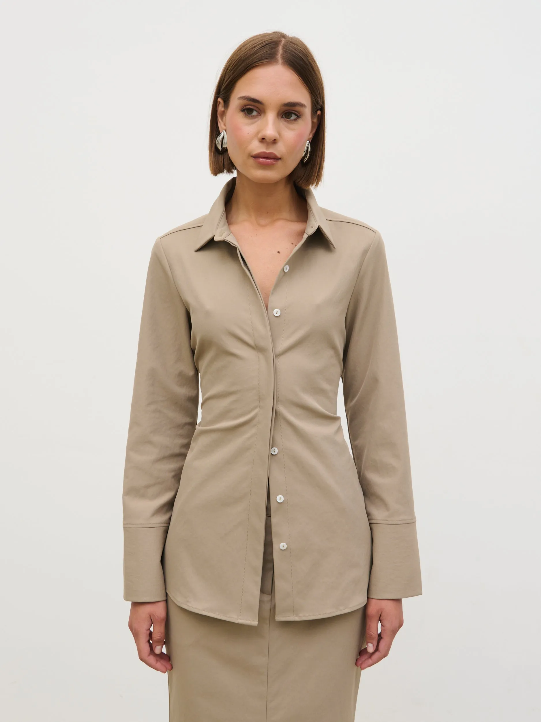 Myley Cinched Shirt - Taupe sold by Pretty Lavish