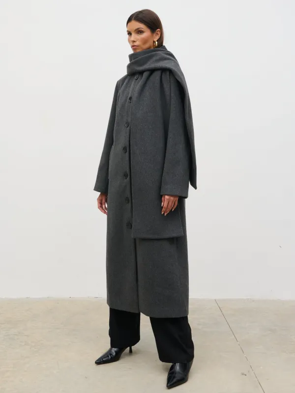 Ari Collarless Coat with Scarf - Grey sold by Pretty Lavish