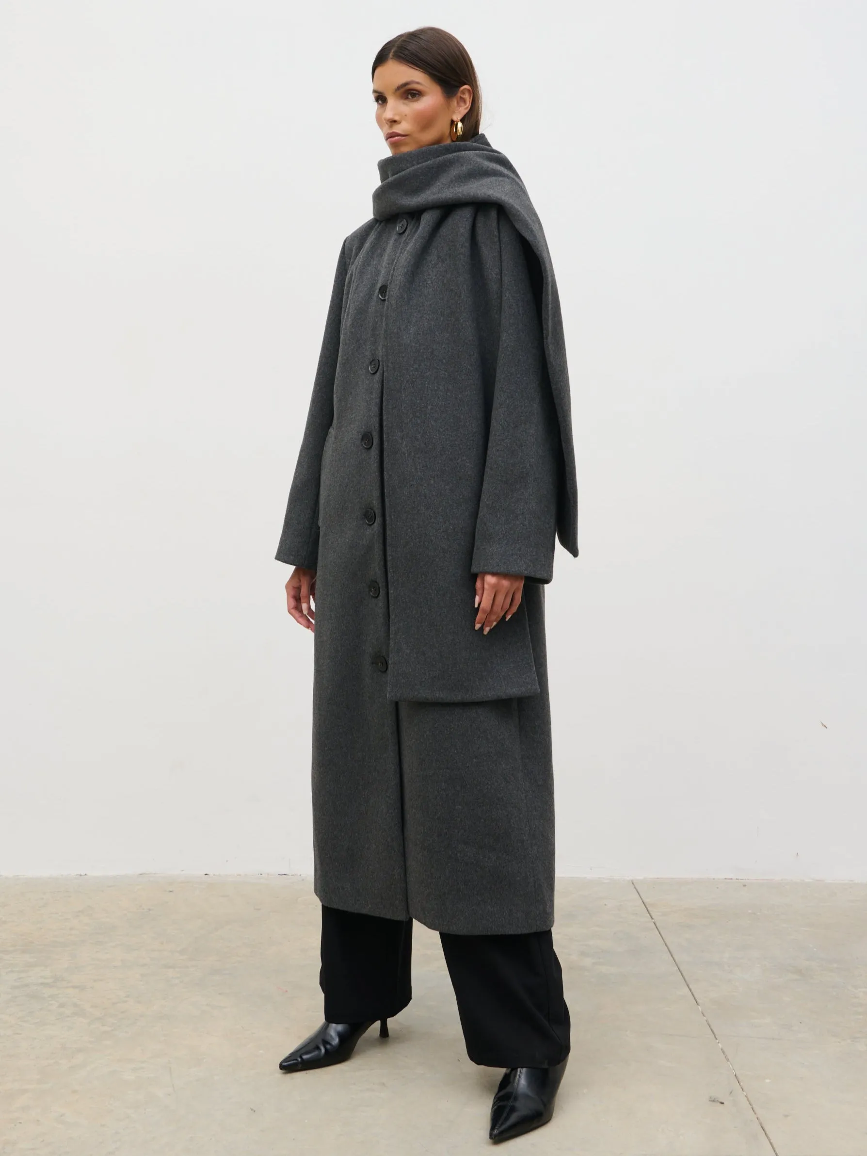 Ari Collarless Coat with Scarf - Grey sold by Pretty Lavish