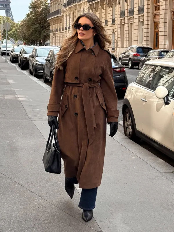 Agnes Longline Faux Suede Trench Coat - Chocolate Brown sold by Pretty Lavish