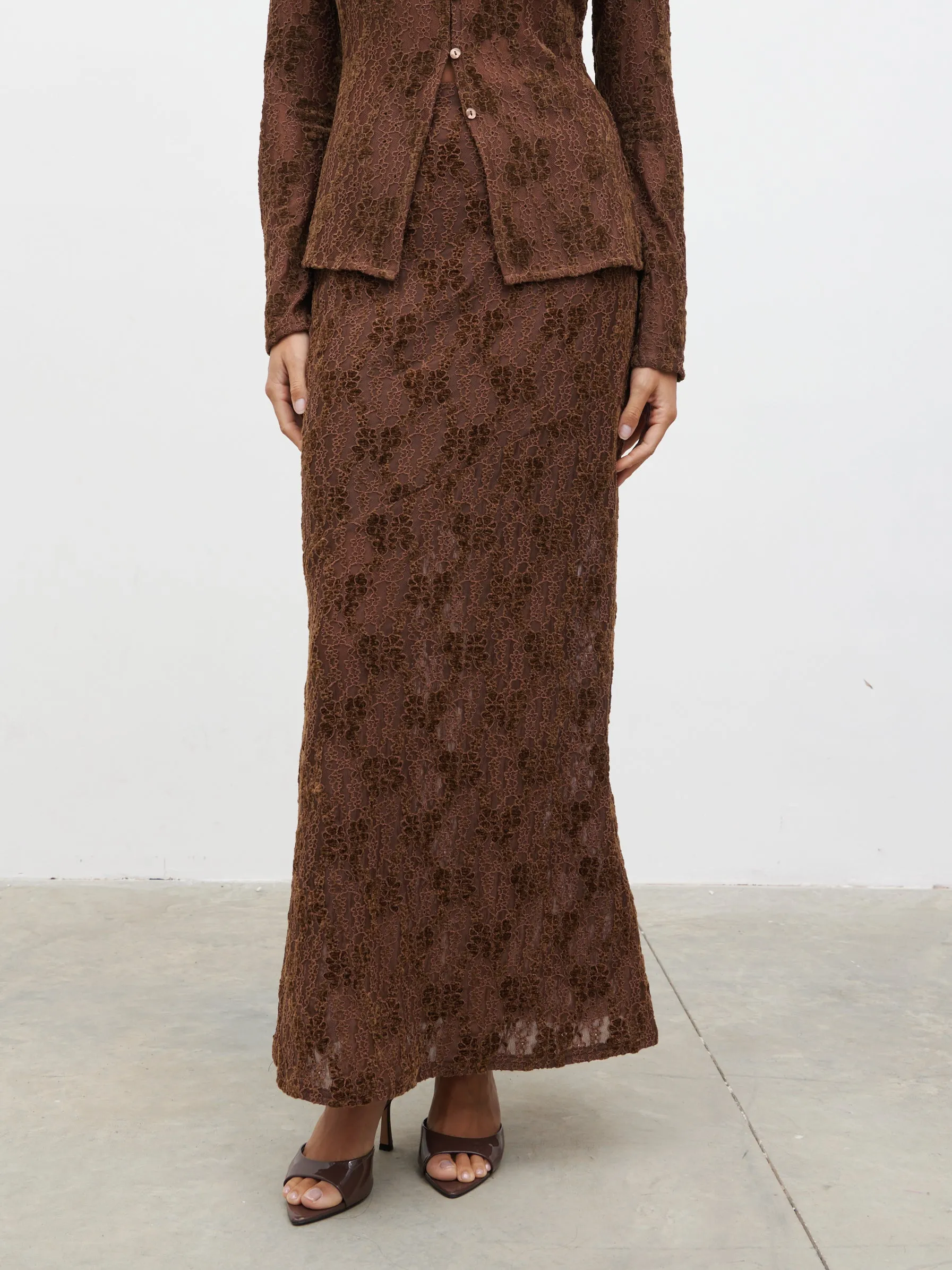 Francessca Lace Maxi Skirt - Brown Velvet sold by Pretty Lavish product image thumbnail 2