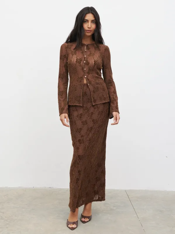 Francessca Lace Maxi Skirt - Brown Velvet sold by Pretty Lavish