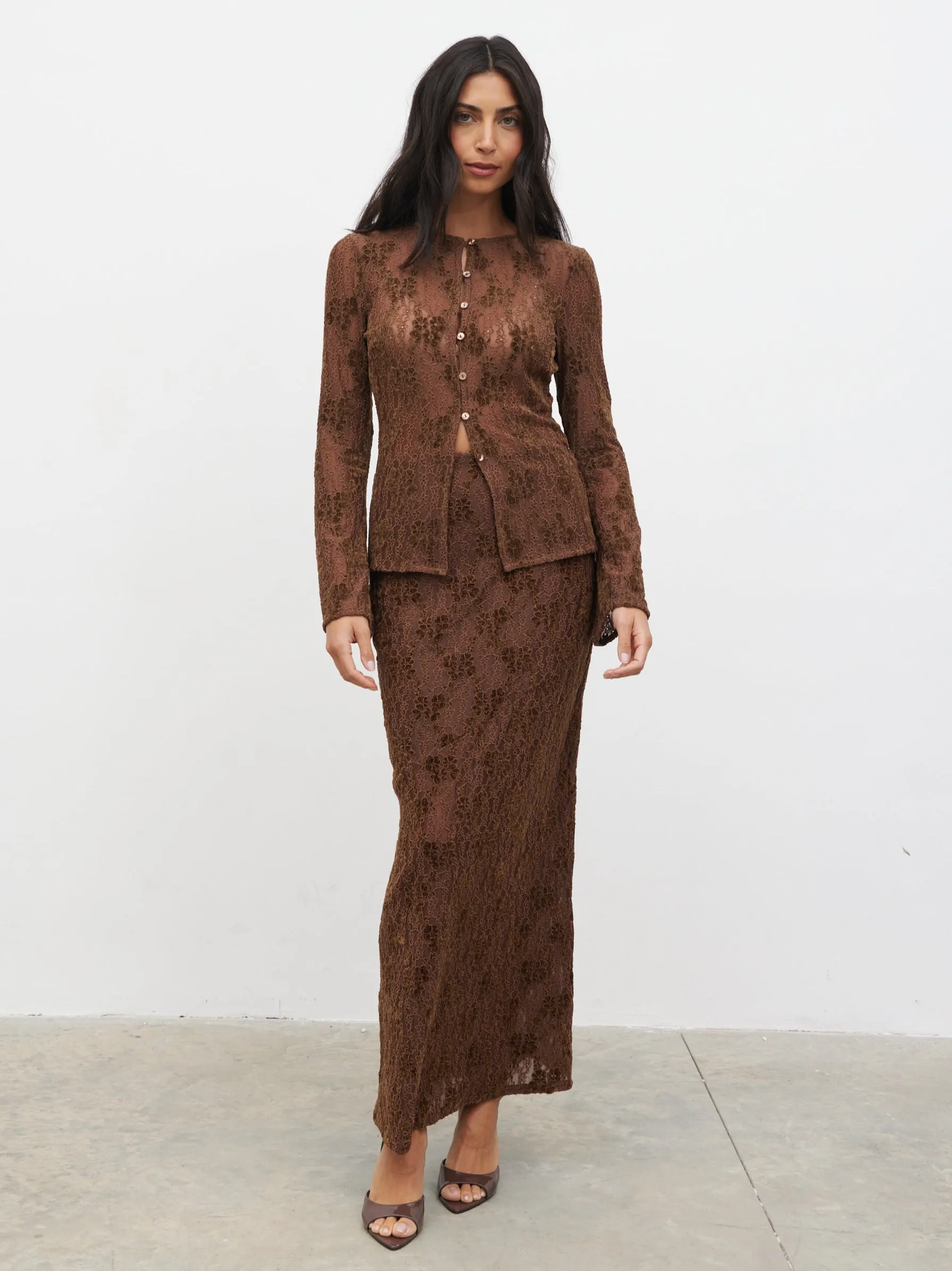 Francessca Lace Maxi Skirt - Brown Velvet sold by Pretty Lavish