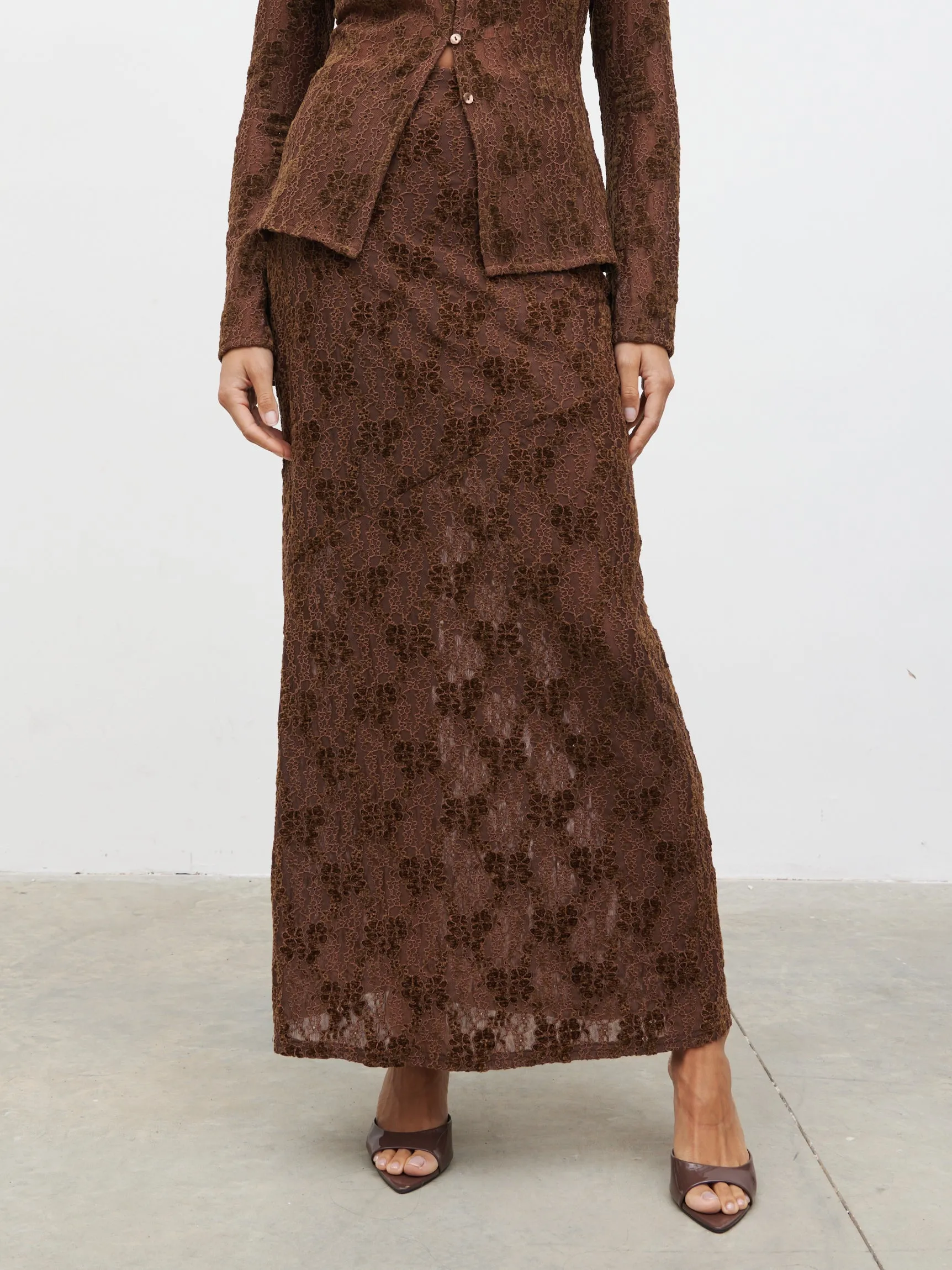 Francessca Lace Maxi Skirt - Brown Velvet sold by Pretty Lavish product image thumbnail 4