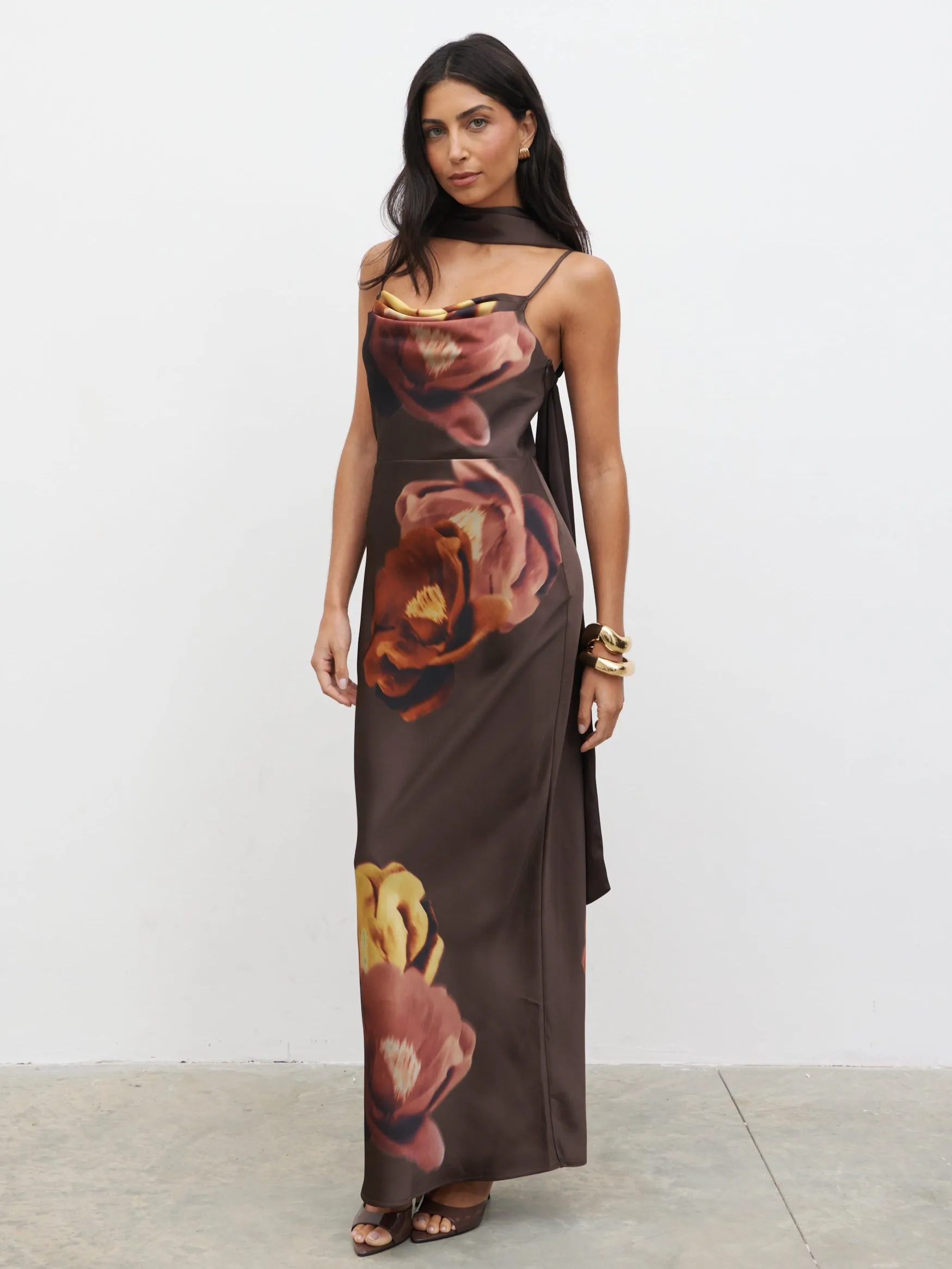 Keisha Scarf Maxi Dress - Large Scale Autumn Floral sold by Pretty Lavish