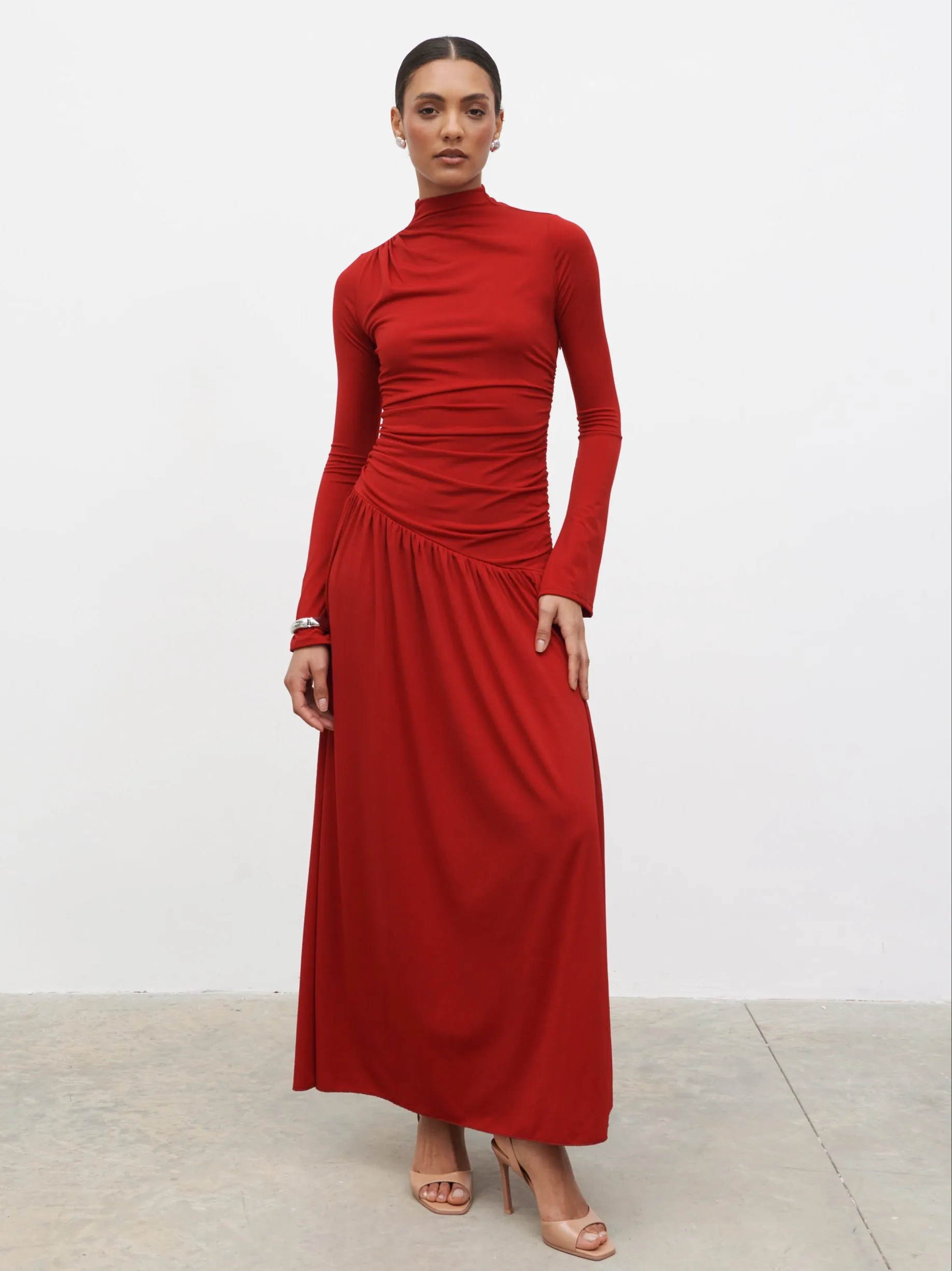 Shai Ruched Jersey Maxi Dress - Red sold by Pretty Lavish