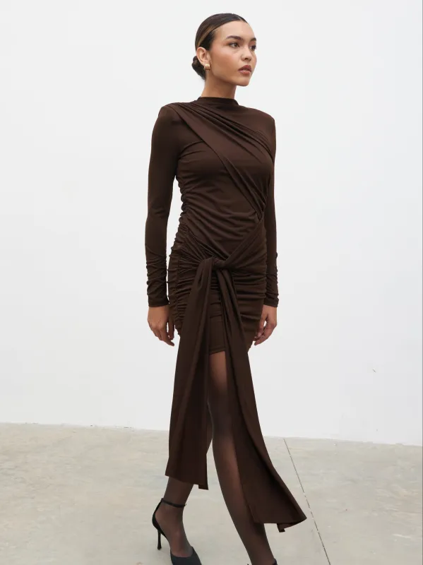 Raya Drape Jersey Mini Dress - Brown sold by Pretty Lavish